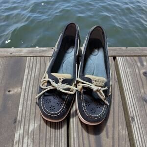 Sperry Top Sider Womens Boat Shoes 8.5 Blue Cream Leather Floral Cutout